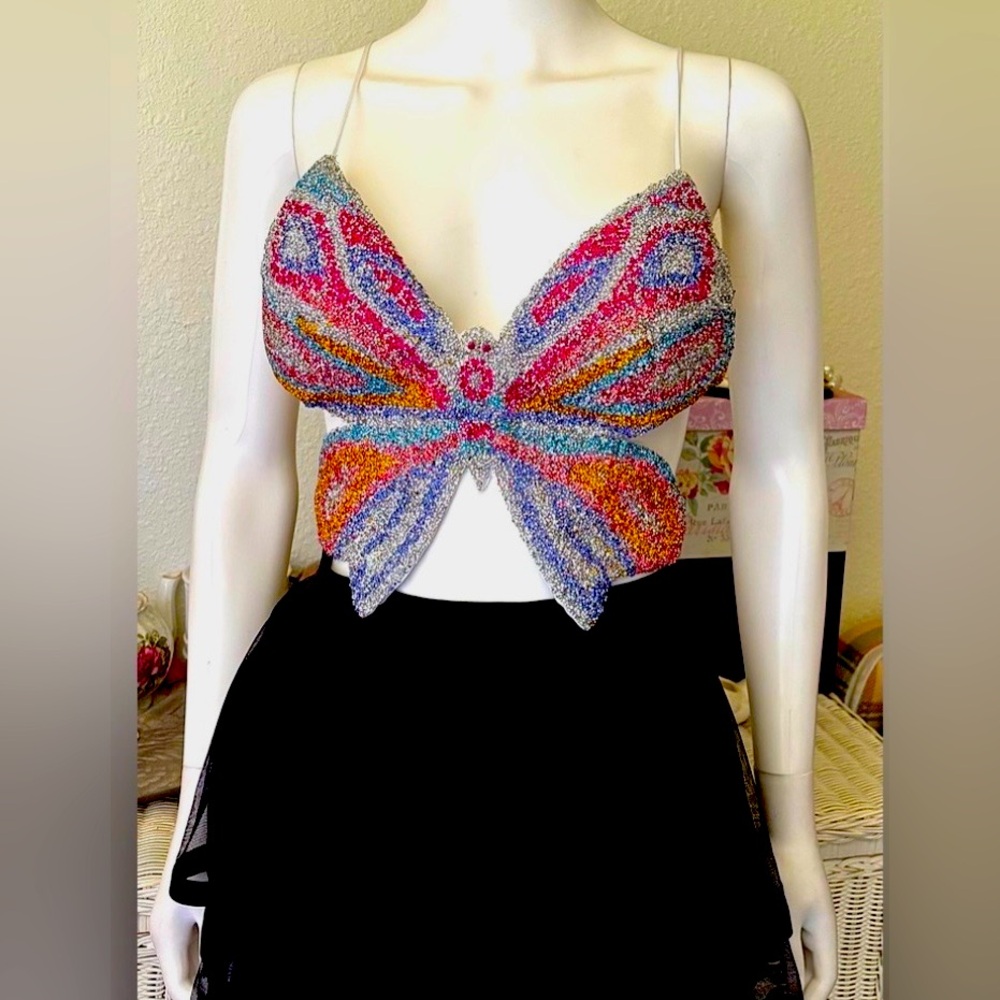 Windsor Butterfly Crop Top Low Cut Sparkling Glass Multicolor Beading Size L